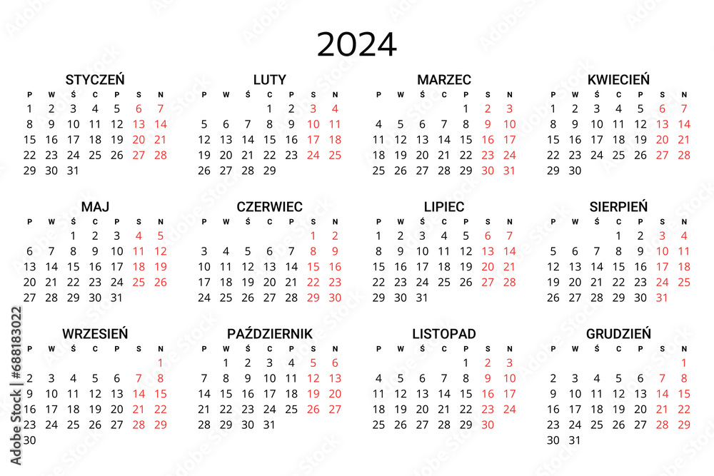 2024 polish calendar. Printable, editable vector illustration for Poland. 12 months year kalendarz. - obrazy, fototapety, plakaty 