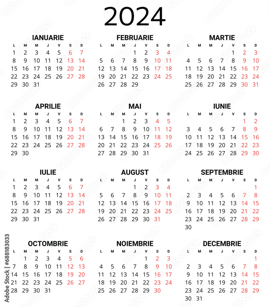 2024 romanian calendar. Printable, editable vector illustration for Romania and Moldova. 12 months year calendars - obrazy, fototapety, plakaty 