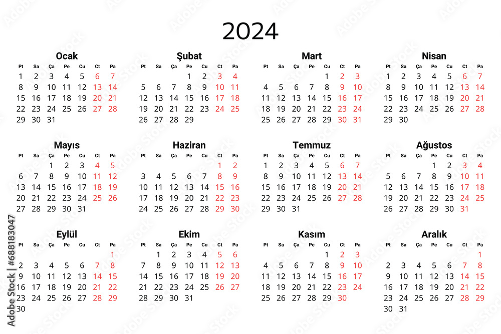2024 turkish calendar. Printable, editable vector illustration for Turkey. 12 months year takvim. - obrazy, fototapety, plakaty 
