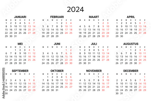 2024 dutch calendar. Printable vector illustration for Dutch. 12 months year kalender.