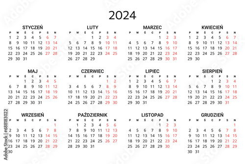 2024 polish calendar. Printable, editable vector illustration for Poland. 12 months year kalendarz.