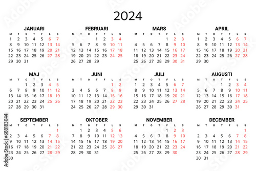 2024 swedish calendar. Printable, editable vector illustration for Sweden. 12 months year kalender.