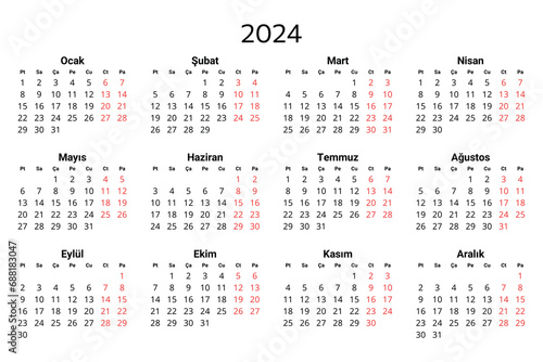 2024 turkish calendar. Printable, editable vector illustration for Turkey. 12 months year takvim.