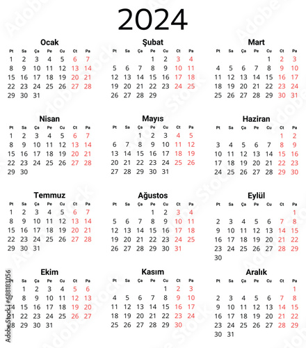 2024 turkish calendar. Printable, editable vector illustration for Turkey. 12 months year takvim