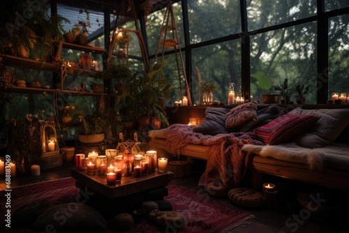 Living room with canddles. Space for witchcraft  magical practices  fortune telling