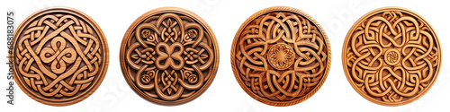 Set of Round handmade Celtic wooden mandala. Ornament Wood carving with beautiful woodworking. Generative AI