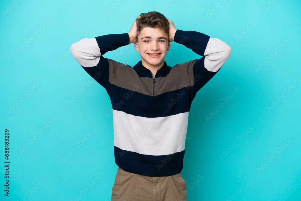 Teenager Russian man isolated on blue background doing nervous gesture Teenager Russian man isolated on blue background doing nervous gesture