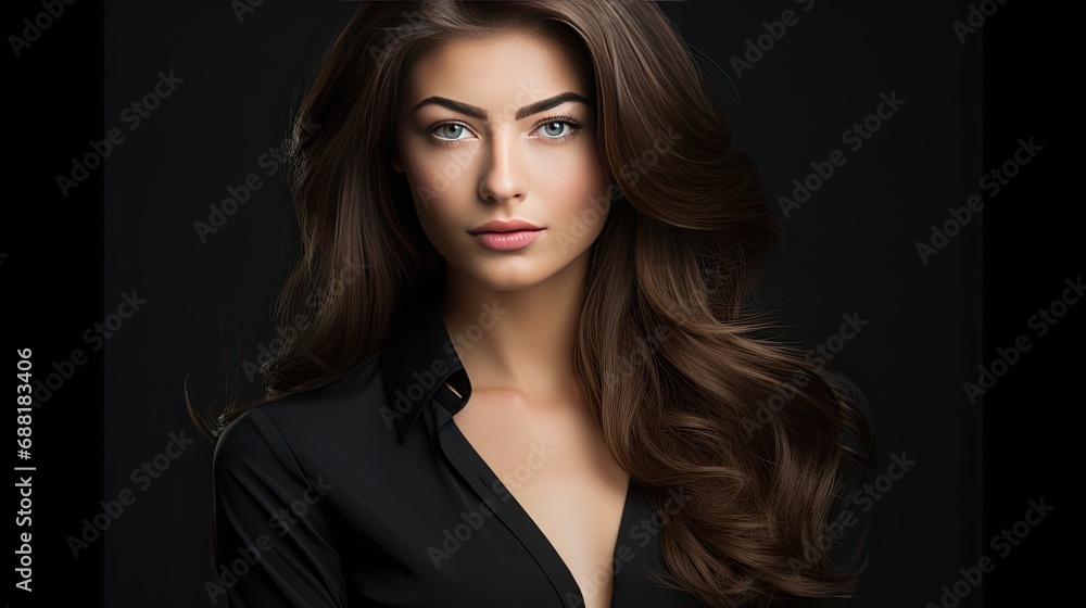 Beautiful female face with powerful silky hair and chic hairstyle. Perfect image of a beautiful brunette woman. Feminine image of natural beauty. Illustration for beauty and fashion magazine. Beautiful female face with powerful silky hair and chic hairstyle. Perfect image of a beautiful brunette woman. Feminine image of natural beauty. Illustration for beauty and fashion magazine.