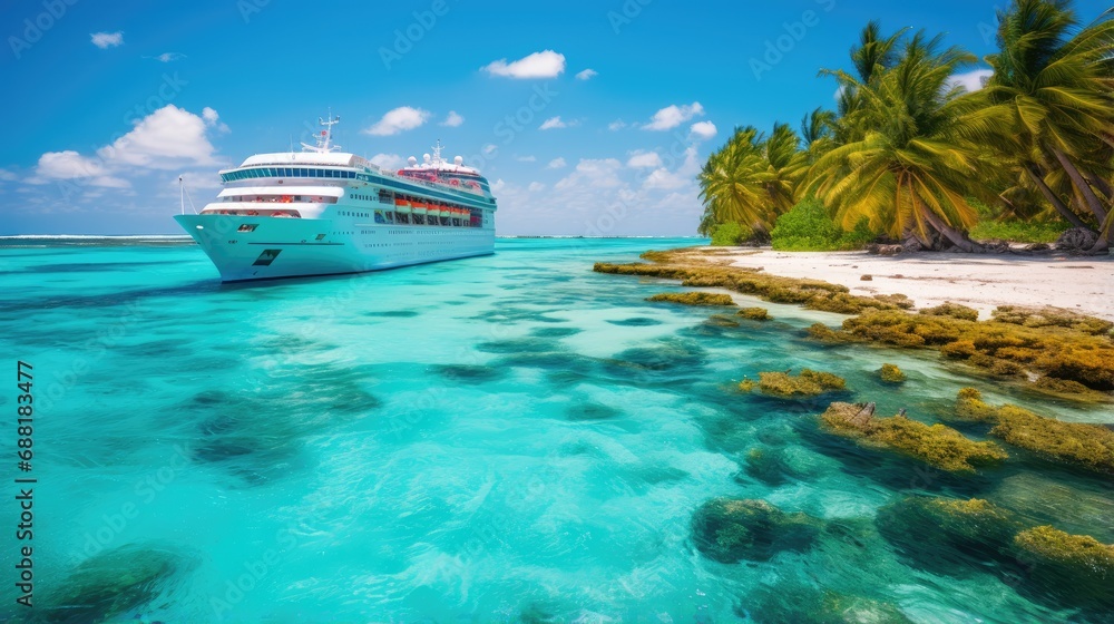 A cruise ship on a calm sea surface on a sunny day near a tropical island with palm trees. Natural background. Modern screen design.  Illustration for cover, card, postcard, interior design, brochure. - obrazy, fototapety, plakaty 