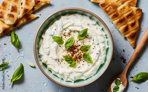 Capture the essence of Tzatziki  in a mouthwatering food photography shot Generative AI