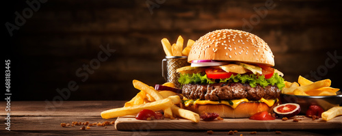 delicious burger and fries on a wooden table. copy space. ai generative photo