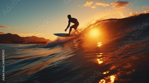 Surfer and big wave at sunset. Extreme sports and recreation. Active lifestyle. Conquest of water elements. Illustration for cover, card, postcard, interior design, poster, brochure or presentation.