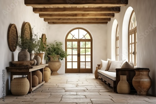 Rustic boho interior design of modern entrance hall with arched doorway. Stone cladding wall and timber beam ceiling in country house hallway  Generative AI