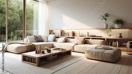 Modular corner sofa in spacious room. Minimalist home interior design of modern living room, Generative AI
