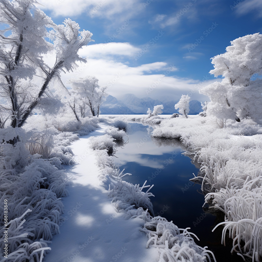 Frozen Lake Captured in Monochrome Elegance of Winter's Calm