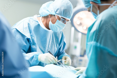 A surgeon's team in uniform performs an operation on a patient at a cardiac surgery clinic. Surgery, medical technology, health care and disease treatment concept.
 photo