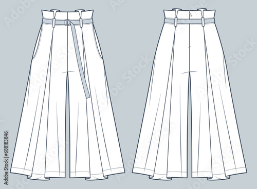 Skirt Pants technical fashion illustration. Culottes Wide Skirt Pants fashion flat technical drawing template, pleats, back zipper, pocket, belt, front, back view, white, women, men, unisex CAD mockup