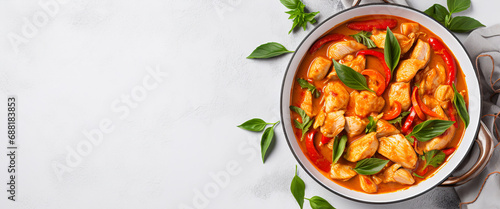 Thai red chicken curry with vegetables in a frying pan. ai generative