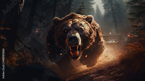 A large bear, a fearsome creature of the wild, charges through the forest, a sight that is both terrifying and awe-inspiring. ai generated. © 1st footage