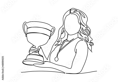 Woman holding the championship trophy, one line drawing vector illustration.