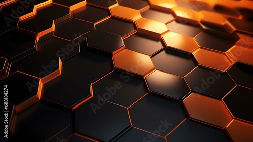 3d rendering of abstract metallic background with black and orange hexagons