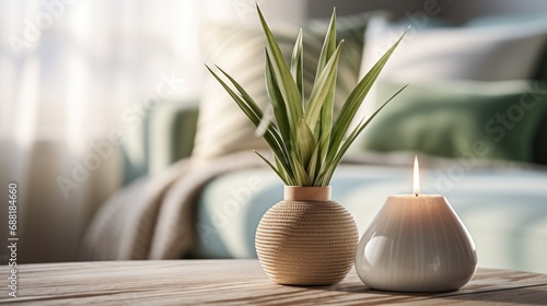 A close-up view captures the essence of tranquility, featuring a reed diffuser, aloe vera plant, and wooden accents—perfect for home decor and wellness concepts