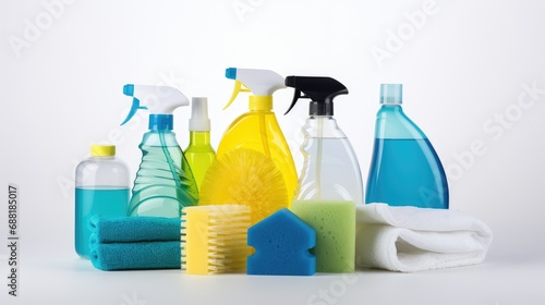 plastic bottle, cleaning sponges, and gloves on a pristine white background. Perfect for promoting household hygiene and waste reduction