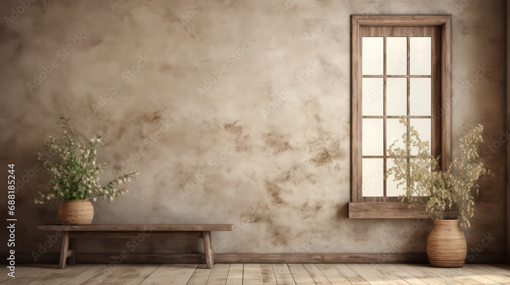 Fototapeta premium old vintage room, farmhouse interior, industrial style, big blank wall mockup, couch, chair, plants with beautiful shadows, Generative AI