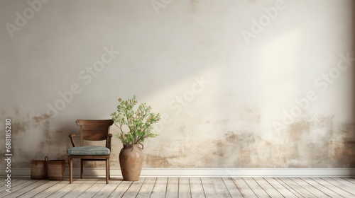 old vintage room, farmhouse interior, industrial style, big blank wall mockup, couch, chair, plants with beautiful shadows, Generative AI photo