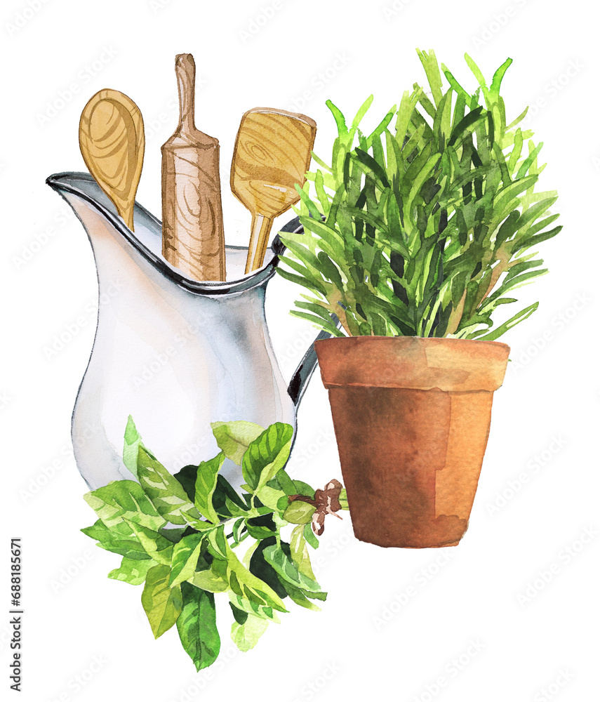 Rosemary in a pot, basil and kitchen utensils. Vintage Kitchen themed