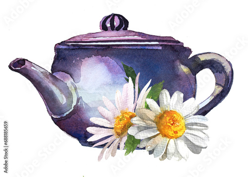 Vintage kettle with camomile flowers illustration. Retro teapot design. Hot drink clipart isolated on a white background.  photo