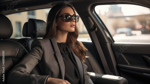 a young, beautiful businesswoman seated in her sleek car, exuding confidence and style. © pvl0707