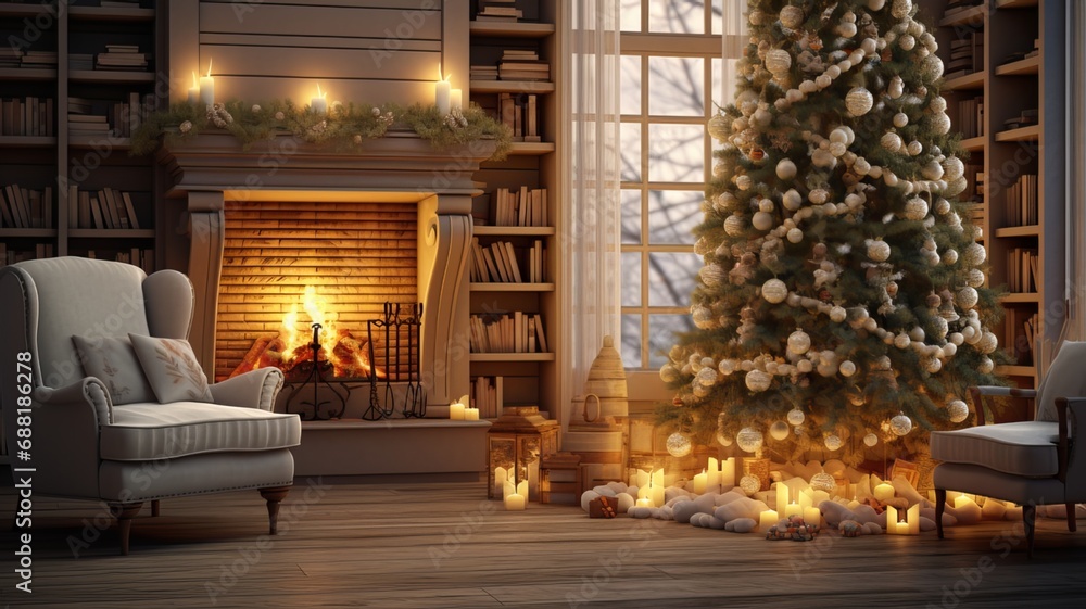 Feast of Christmas. Beautifully decorated house with a Christmas tree ipodarkami underneath Feast of Christmas. Beautifully decorated house with a Christmas tree ipodarkami underneath