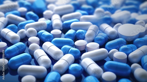 captivating blue and white capsule pills background, symbolizing health, recovery, and the pharmaceutical journey to well-being