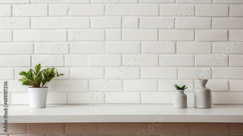 white wooden shelf gracefully mounted on a pristine white brick wall, offering a modern and chic touch to your interior design aspirations