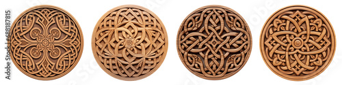 Set of Round handmade Celtic wooden mandala. Ornament Wood carving with beautiful woodworking. Generative AI photo