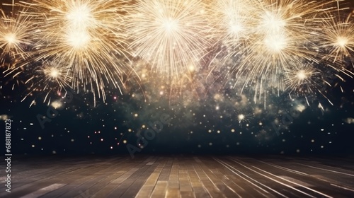 Wooden table or floor empty for product placement with new year firework in background comeliness