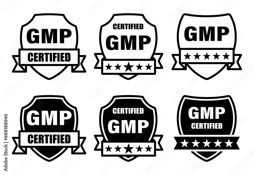 GMP set of round badges. Certified industrial stickers for products with Good Manufacturing Practice tag