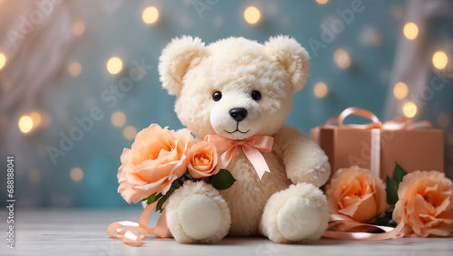 Cute funny teddy bear toy, with a gift box with a bow, with bouquets of rose flowers party