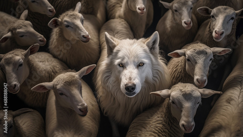 A wolf among the sheep. Concept of one who poses a threat, one who has infiltrated a group under the guise of righteousness. photo