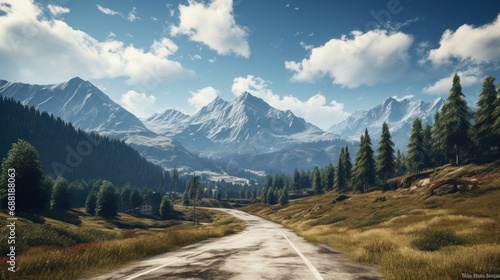 Road with a stunning alpine landscape in the background, generative ai