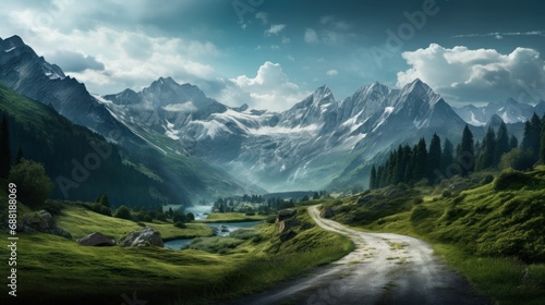 Road with a stunning alpine landscape in the background, generative ai © 3D Lab Academy