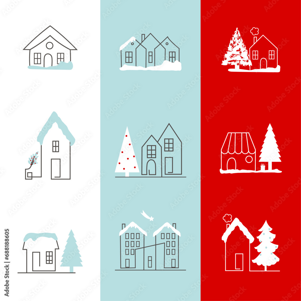 Vector illustration, minimalist style, line art, small christmas houses.