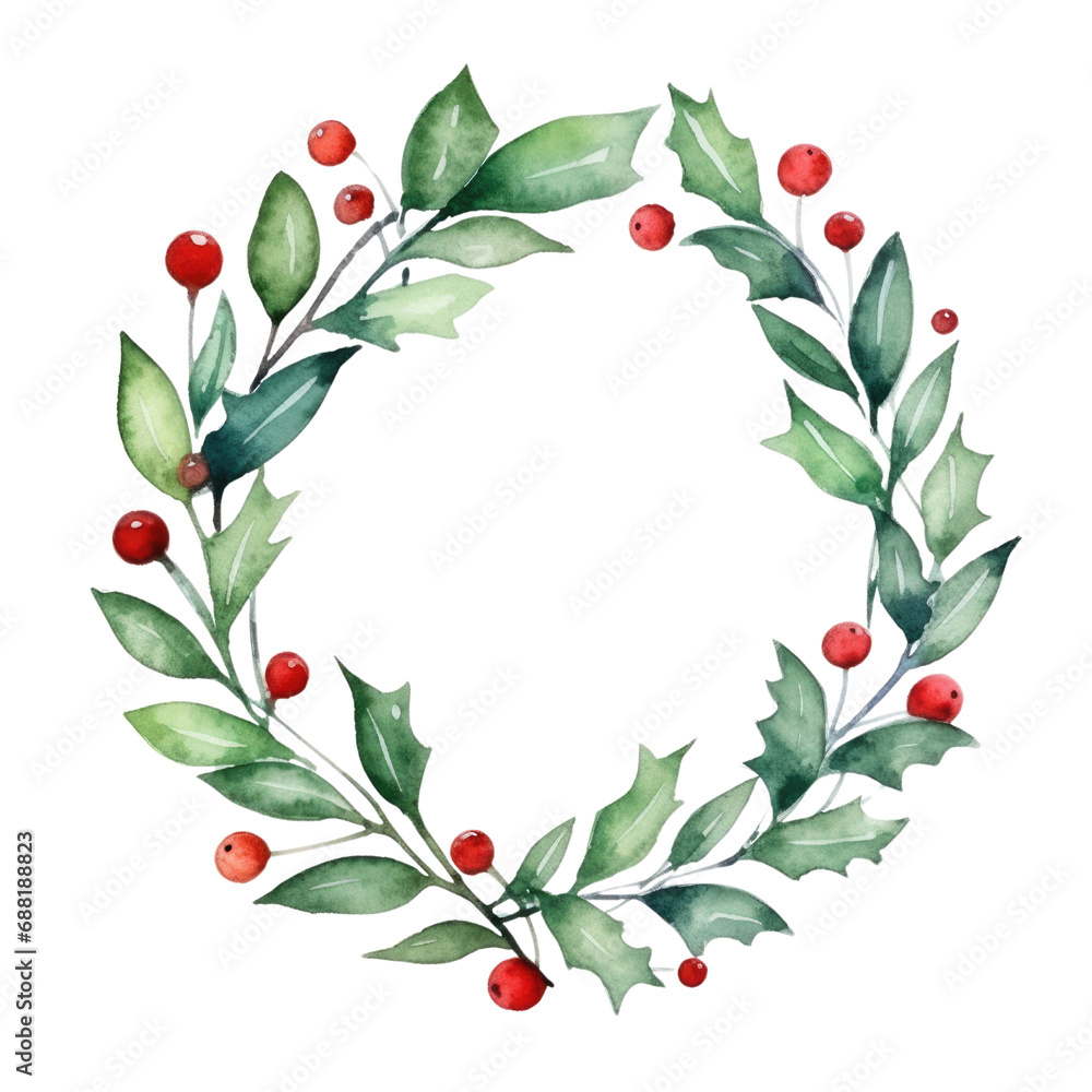 Fototapeta premium Holly leaves and berry. Christmas wreath watercolour illustration. clipart for design. elements. isolated on transparent background.