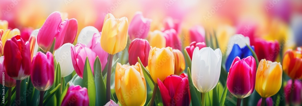Abstract banner background of a vibrant tulip field, rows of different colored tulips Abstract banner background of a vibrant tulip field, rows of different colored tulips