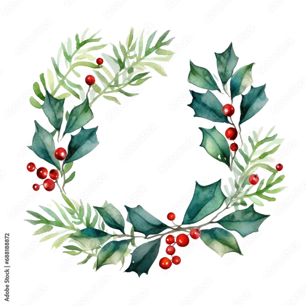 Naklejka premium Holly leaves and berry. Christmas wreath watercolour illustration. clipart for design. elements. isolated on transparent background.