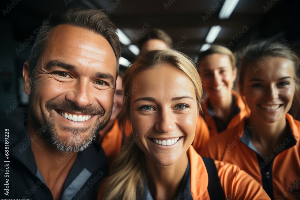 A cheerful coach takes a selfie with a team of female athletes. The concept of sport, friendship and healthy lifestyle. Group of happy people taking selfie A cheerful coach takes a selfie with a team of female athletes. The concept of sport, friendship and healthy lifestyle. Group of happy people taking selfie