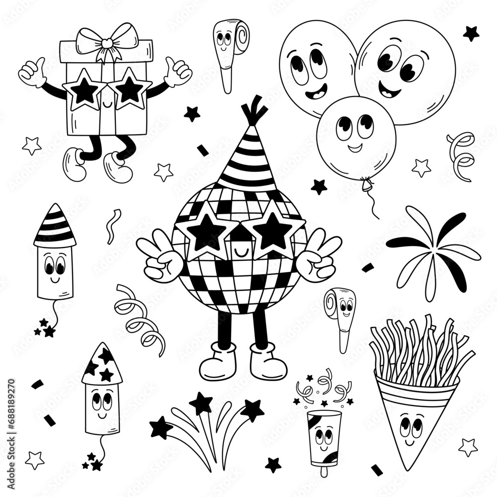 set of isolated outline funny party elements set of isolated outline funny party elements