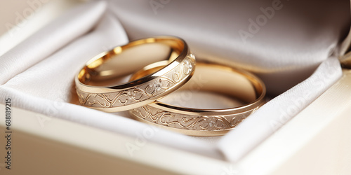 Exquisite gold wedding rings in a white box close-up