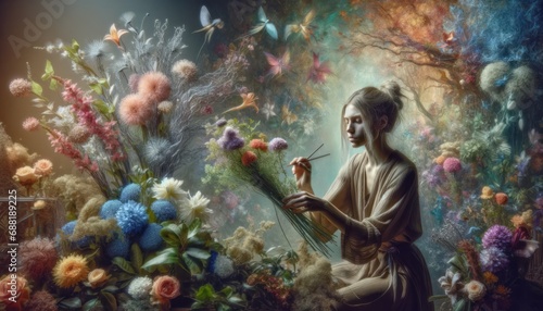 the scene of a floral artist, a young Caucasian woman, arranging flowers that bloom